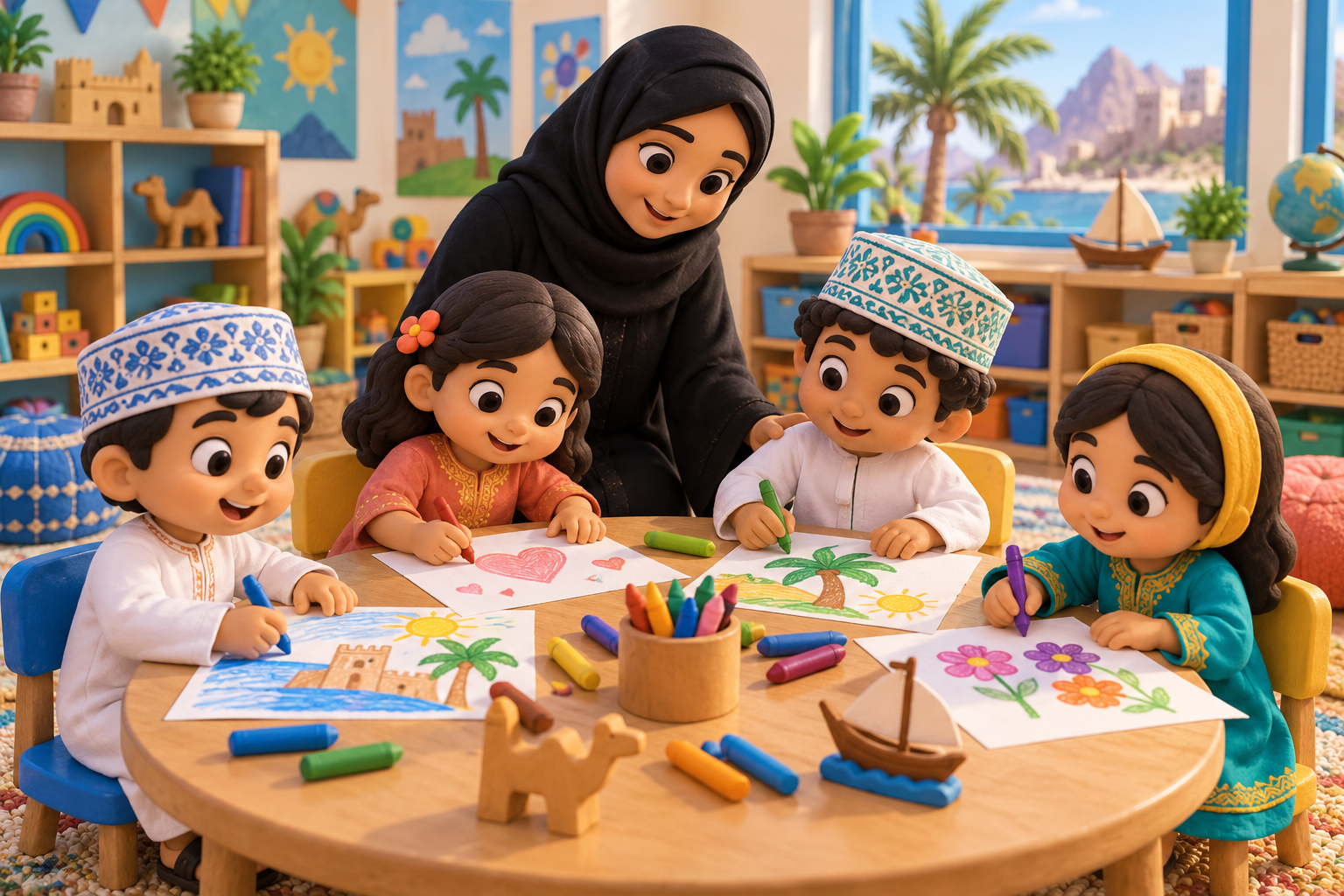 رسم توضيحي لأطفال يرسمون ويلونون مع معلمتهم داخل الفصل