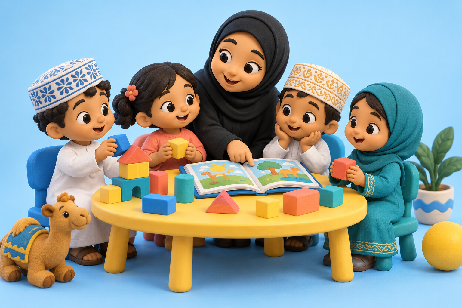 رسم توضيحي لأطفال يتعلمون ويلعبون مع معلمتهم